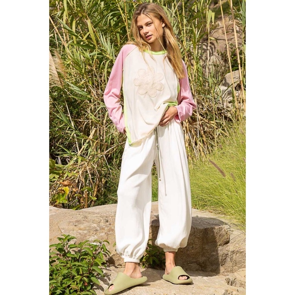 POL Pink & Lime Flower Patch Long Sleeve Cotton Jersey Top - Picture 10 of 13